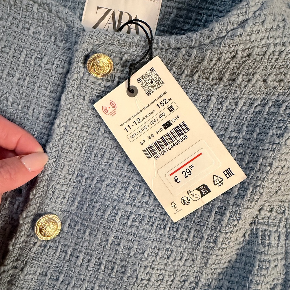 Zara Soft Blue Tweed Jacket with Gold Buttons